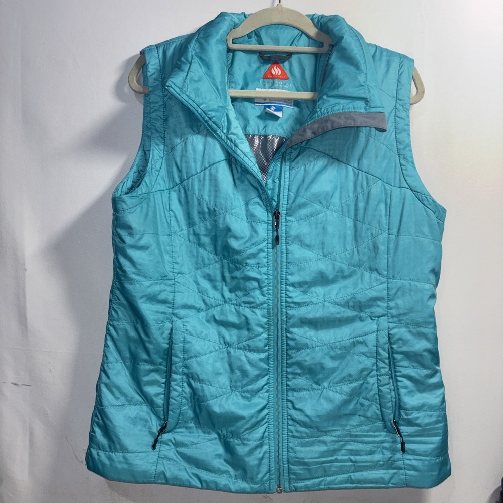 Columbia Puffer Vest Women XL Blue Omni-Heat Zip Pockets Jacket Outdoor Hiking